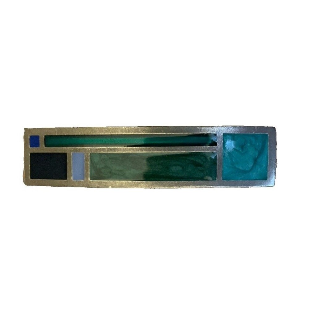 Vintage Danforth Fine Pewter Hair Barrette Geometric Blue Green Enamel Inlay USA